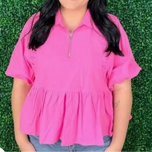 Umgee Pink Peplum Blouse with Ruffled Waist